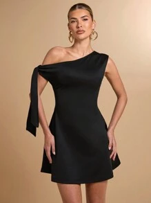 SHEIN BAE 女士不对称不对称领口自系紧身优雅 A 字形荷叶边连衣裙，黑色