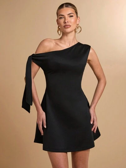 SHEIN BAE Women's Asymmetric Asymmetric Neck Self-Tie Bodycon Elegant A-Line Peplum Dress, Black