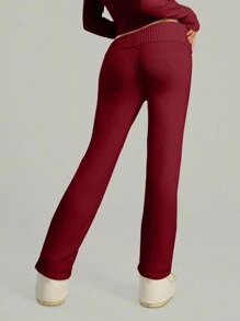 MUSERA Folded Waist Buckle Fit Flare Trousers Y2k Spring Casual Cute 90's Sun - Burgundy - View 4