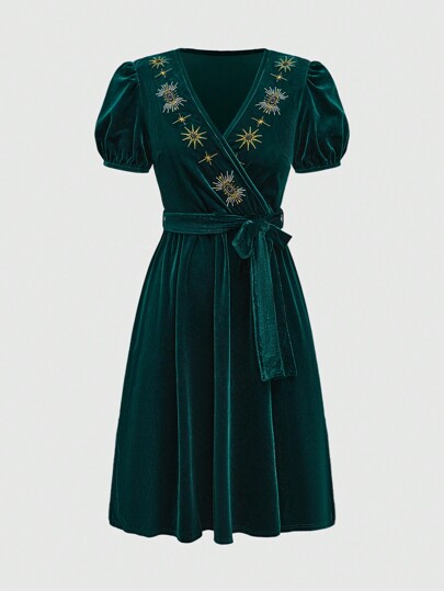 Hippie Retro Velvet Star & Moon Embroidery Dress