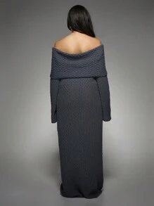 MISSGUIDED PLUS Plus Size Off-Shoulder Ribbed Knit Maxi Sweater Dress Winter Fall Cozy Oversized Long Sleeve Chunky Knit Evening Party Holiday Formal - Grey - View 2