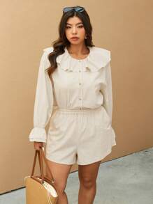 Elaquor Plus Size Solid Color Ruffle Trim Long Sleeve Blouse & Shorts 2pcs Set, Vacation Casual - Apricot - View 8