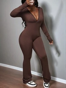 Slaydiva Conjunto de pantalón acampanado y sudadera con capucha de manga larga de ajuste ceñido, unicolor casual y versátil, para otoño/invierno