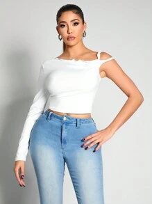 Zolique Femmes Top style couleur unie à col asymétrique, manches longues, taille courte et ajusté