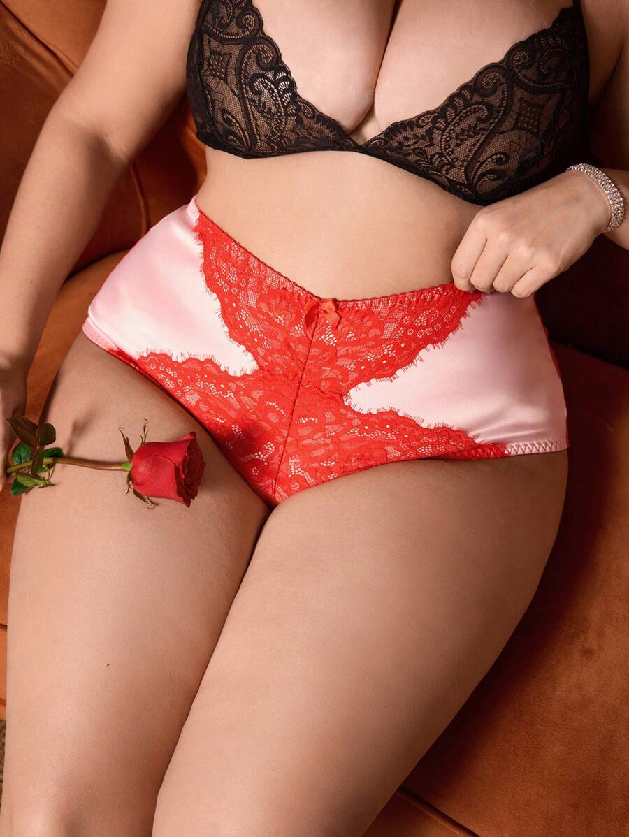 PinupPomp Plus Size Vintage Romantic Lace Patchwork Underwear - Red - View 1