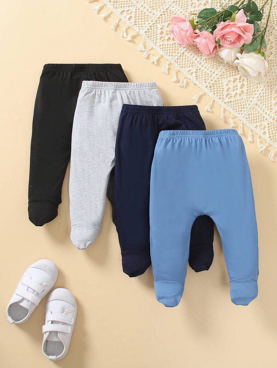 SHEIN Vintaside Kids 4 件套男婴纯色简约连脚裤,适合运动、家居和休闲装,春秋季 - 黑色 - 查看 1