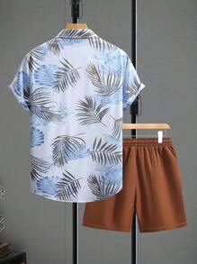 Manfinity RSRT 2pcs Men's Tropical Plant Print Short Sleeve Shirt And Drawstring Waist Shorts Set