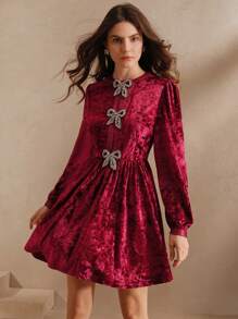 Anewsta Green Velvet Dress, Autumn Waisted - Hot Pink - View 6