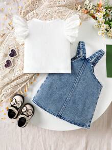 SHEIN 2pcs Baby Girls White Ribbed Top + Blue Jean Embroidered Suspender Dress With Pockets, Suitable For Outdoor