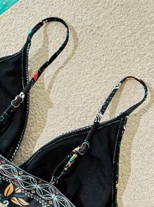 Vivid Eden Women's Spaghetti Strap Printed Minimalist Bikini Swimwear Top, Casual Bathing Suit Top, For Summer Beach Vacation