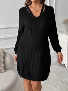 SHEIN CURVE+ Plus Size Women's Solid Color Simple Knitting Sweater Dress, For Autumn/Winter