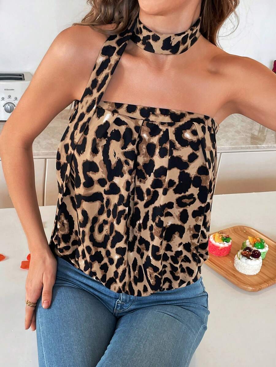 SHEIN LUNE 女式豹纹褶皱下摆短款 T 恤，时尚休闲派对节日百搭修身挂脖背心，配颈带 - 彩色 - 查看 1