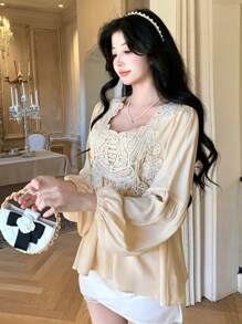 DAZY Square Neck Lace Patchwork Lantern Sleeve Women Blouse,Babydoll Top Long Sleeve - Apricot - View 7