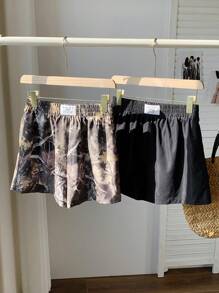 Comfortcana 2pcs Set Plant Print Black Cargo Loose Plus Size Shorts,Summer Clothes