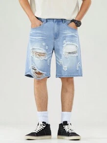 Manfinity Hypemode Men's Loose Casual Bermuda Distressed Denim Shorts With Pockets