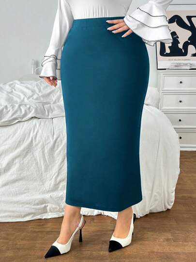 SHEIN Privé Falda lápiz de talla grande, de cintura alta y longitud media ajustada