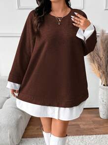 SHEIN Frenchy Plus Size Women's Round Neck Raglan Sleeve Casual Loose Grey Sweatshirt, Autumn/Winter - Brown - View 4
