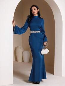 Veilorie Vestido maxi árabe modesto de mujer, de unicolor, cuello alto, manga larga y ajustado