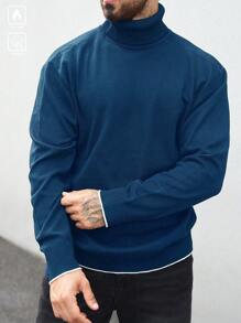 Manfinity Homme Plus Size Men's Solid Turtleneck Long Sleeve Casual Pullover Sweater, Fall/Winter