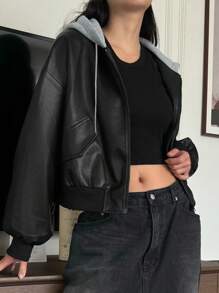 DAZY Women's Casual Contrast Color Dropped Shoulder Long Sleeve Zipper Front Hooded Loose Jacket, Spring And Autumn Leather Jacket