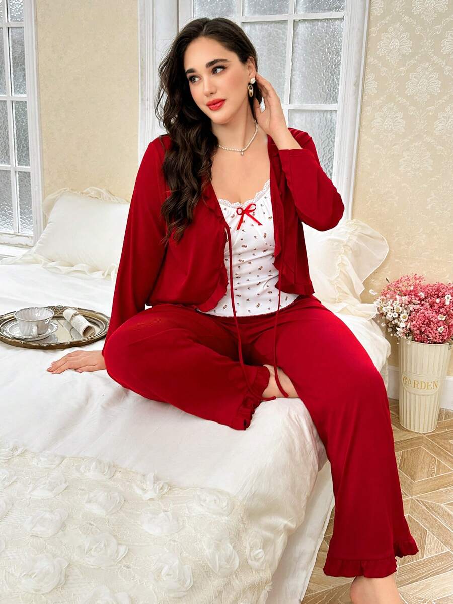 CottageSlumber Set de pijama de 3 piezas con estampado floral romántico en tallas grandes