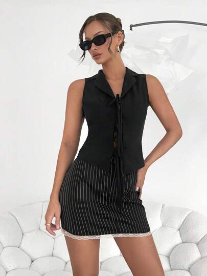 SHEIN Essnce Blusa sin mangas de nudo delantero casual en color negro, blusa casual sin mangas de color liso con nudo delantero, atuendo de vacaciones, blusa de fiesta de Año Nuevo, blusa de Año Nuevo, blusa para vestido de Navidad, blusa casual, ropa Y2K, blusa negra, blusas