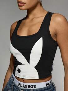 Missguided x Playboy 复古兔子标志短款背心，无袖，圆领，修身，夏季节日基本款街头服饰，Y2K 美学 - 黑色 - 查看 5