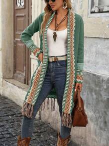 SHEIN LUNE 女士休闲几何印花流苏下摆开衫，秋季 - 綠色 - 查看 3