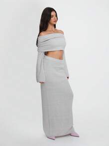 SHEIN Unity Women's Off-Shoulder Long Sleeve Cropped Sweater And Long Knitted Skirt Sexy 2 Pieces Set, Autumn/Winter - Light Grey - View 5