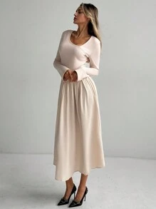 Aloruh 优雅通勤不对称领喇叭袖长款蛋糕裙，迷人的鸡尾酒会礼服 - 米色 - 查看 1