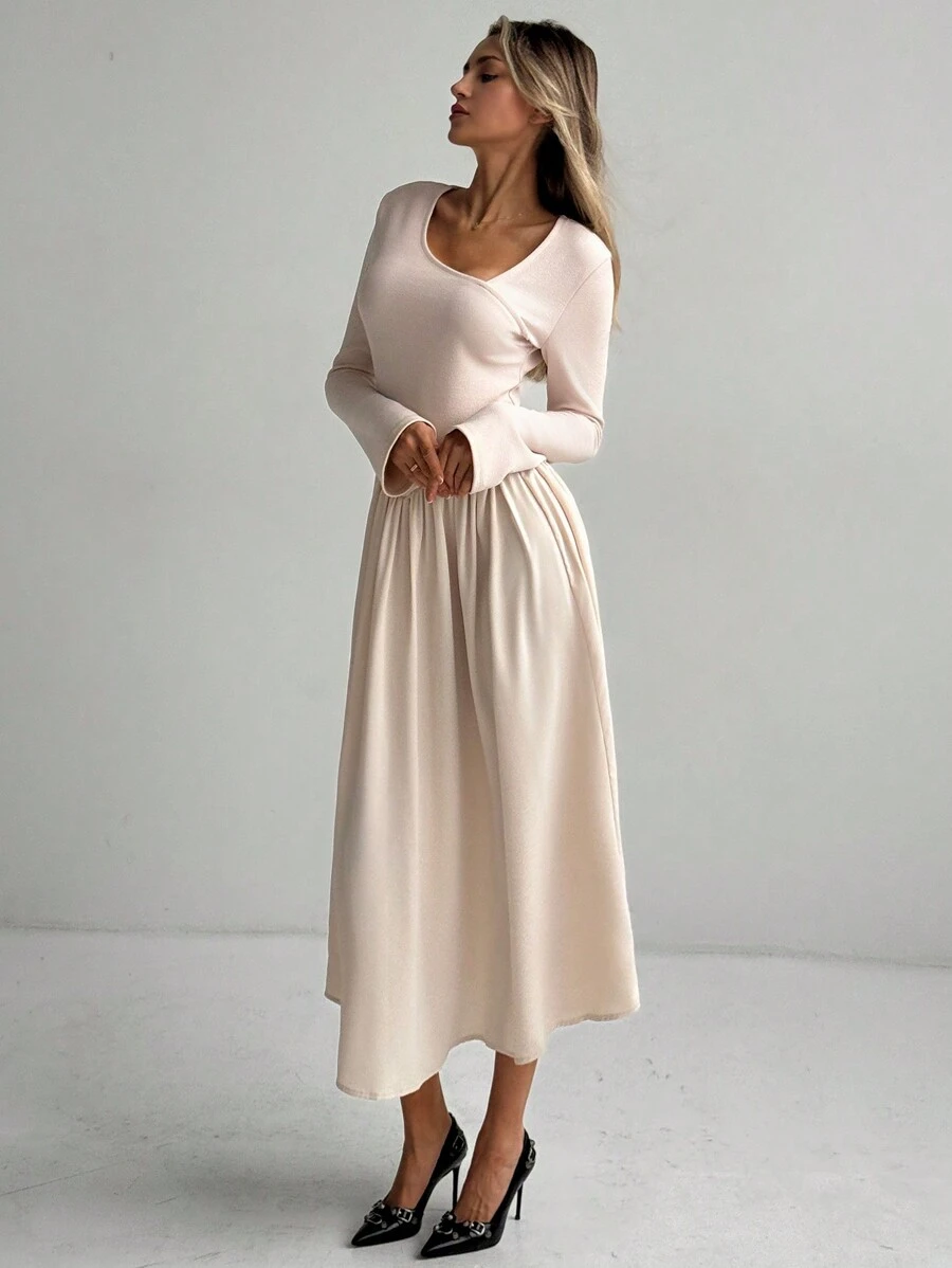 Aloruh 优雅通勤不对称领喇叭袖长款蛋糕裙，迷人的鸡尾酒会礼服 - 米色 - 查看 1