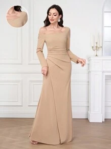 Coutiva 1 件女式不对称领口长袖褶皱长款派对礼服，时尚宴会派对除夕节社交名媛优雅礼服，婚礼宾客礼服，正式礼服，晚礼服 - 杏色 - 查看 13