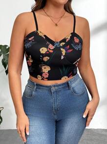 SHEIN Privé Elegant Arbeitskleidung in Große Größen für Damen, anspruchsvolle Büroarbeit, Nachmittagstee, romantische Dates, Konzerte, Partys, INS Vintage Stil, lässiges Urlaubsoutfit mit Spaghetti-Trägertop, tropisches Pflanzenmuster