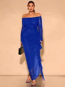 SHEIN BAE Plus Size Women's Off Shoulder Ruched Ruffle Trim Romantic Flowing Elegant Party Maxi Bodycon Dress