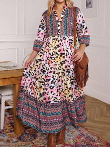 SHEIN LUNE Plus-Size Women's Summer Leaf Print 7-Point Sleeve V-Neck Long Loose A Casual Holiday Dress Bohemian Vacation Outfits Woman Summer Outfits For Women Festival Bohos Dress Maxi Dresses For Women Sundress Boho/Bohemian,Holiday Outfits,Resort Dress - Multicolor - View 1