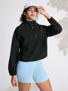 Damen einfarbige Langarm Reißverschluss Stehkragen Kapuzenjacke für den Sport