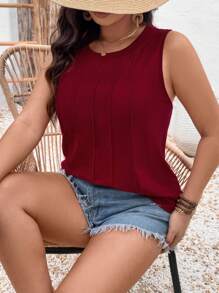 SHEIN LUNE 大码圆领无袖休闲 T 恤，简约时尚，适合日常穿着 - 紅色 - 查看 4