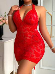Vestido + tanga de 2 piezas para el Día de San Valentín, lencería sensual y encantadora de talla grande con parches de encaje, lazo y espalda descubierta