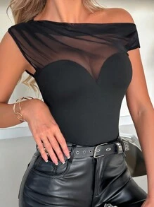 SHEIN Tall Sheer Mesh-Insert Sexy See-Through Bodysuit - Black - View 4