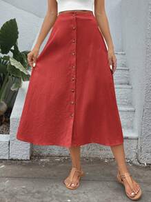 SHEIN VCAY Effen kleur dames rok met knopen aan de voorkant, casual dagelijkse kleding