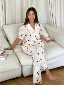 SHEIN Leap Crew 2pcs/Set Teen Girl Elegant Simple Round Neck Ruffle Sleeve Sleepwear & Ruffle Hem Pants Woven Pajama Set - Beige - View 5