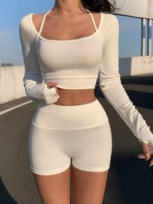 Muchica 2pcs/Set Women Summer Solid Color Long Sleeve Crop Top And Shorts Set - White - View 1