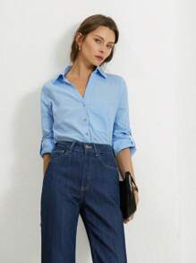 GENKIRA 卷起袖子纽扣衬衫 纽扣衬衫女士 - 藍色 - 查看 1