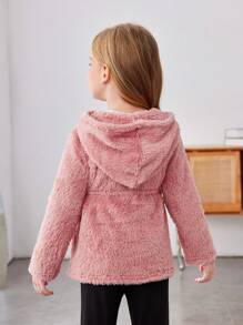 SHEIN 年轻女孩可爱 3D 贴花，3D 花朵抽绳腰部拉链连帽保暖泰迪外套（不含 T 恤），温暖舒适，长袖，非常适合秋冬季休闲日常穿着和学校日常穿着，适合圣诞节 - 粉色 - 查看 2