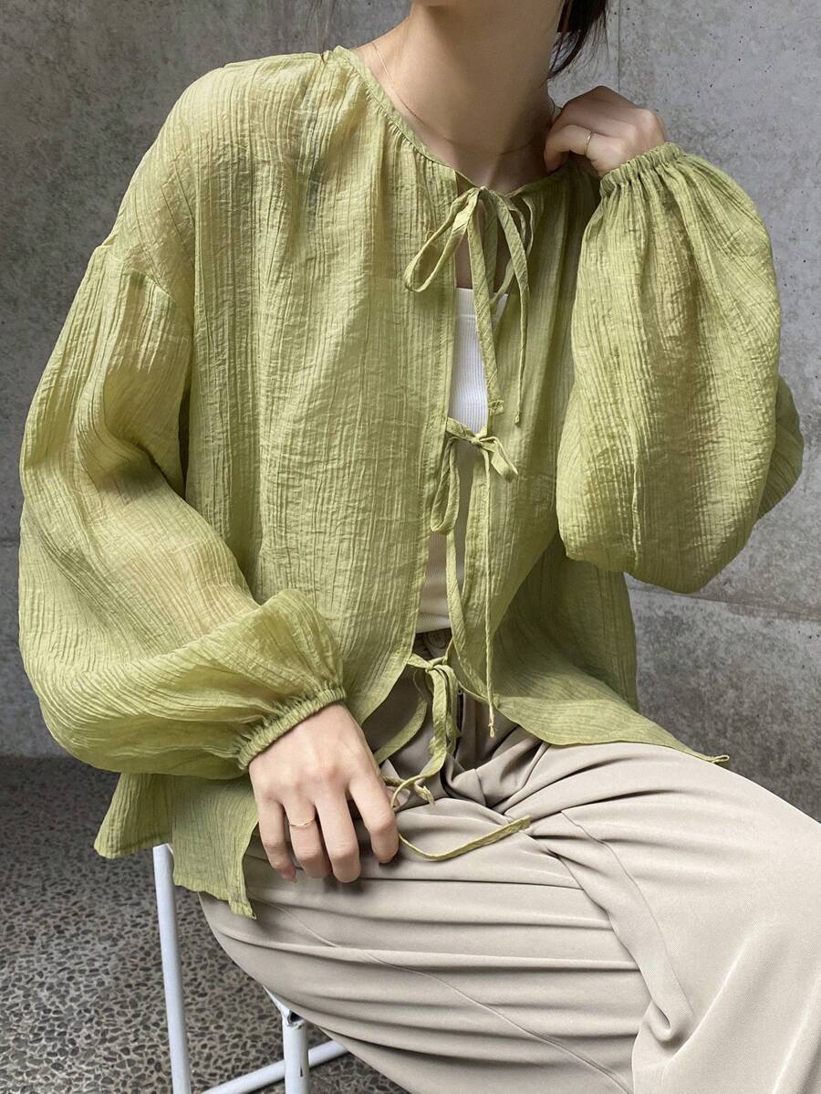 FRIFUL Damgrön lös, transparent blus/lätt sommarjacka med lång ärm - Grön - Visa 1