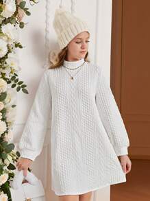 SHEIN Leap Crew فستان طويل الأكمام بياقة عالية منسوج، أكمام متضخمة، قصة A، للمراهقات، للشتاء والخريف، أبيض، كاجوال، مناسب للكريسماس