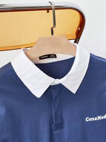 Manfinity VCAY Plus Size Men's Loose Knit Blue & White Long Sleeve Polo Shirt, Casual - Multicolor - View 4