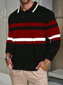 Manfinity Homme Plus Size Men's Front Button Long Sleeve Solid Color Patchwork Casual Polo Shirt - Black - View 1