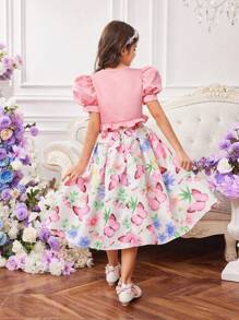 SHEIN 女童粉色花朵和蝴蝶装饰圆领束腰连衣裙和荷叶边袖短款夹克两件套