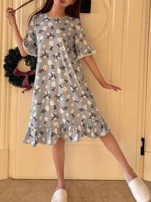 SHEIN Leap Crew Teen Girls Lovely Simple Floral Pattern Lace Trim Ruffle Hem Nightgown - Baby Blue - View 2